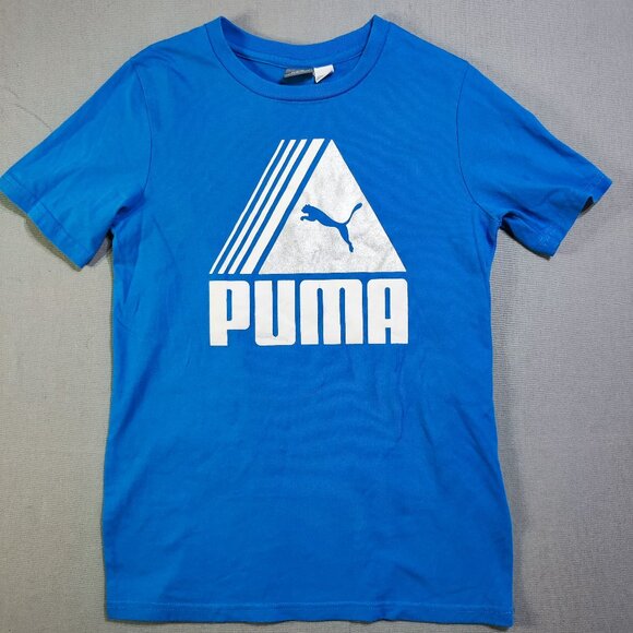 Puma short sleeve T-shirt boys size M (10-12) blue with silver and white graphic - Picture 1 of 10
